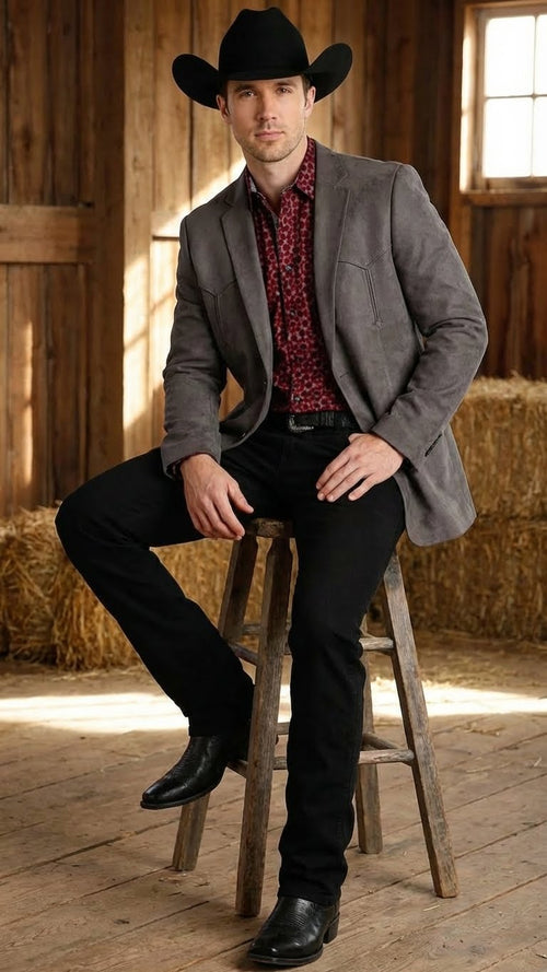 Mens Charcoal Gray Western Faux Suede Blazer Double Button Cowboy Jacket for Wedding & Party Wear