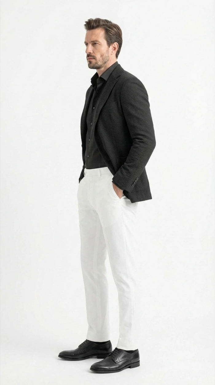 Mens Black Seersucker Blazer - Textured Two-Button Notch Lapel Formal & Summer Sport Jacket in Black Tone-on-Tone Cotton Fabric