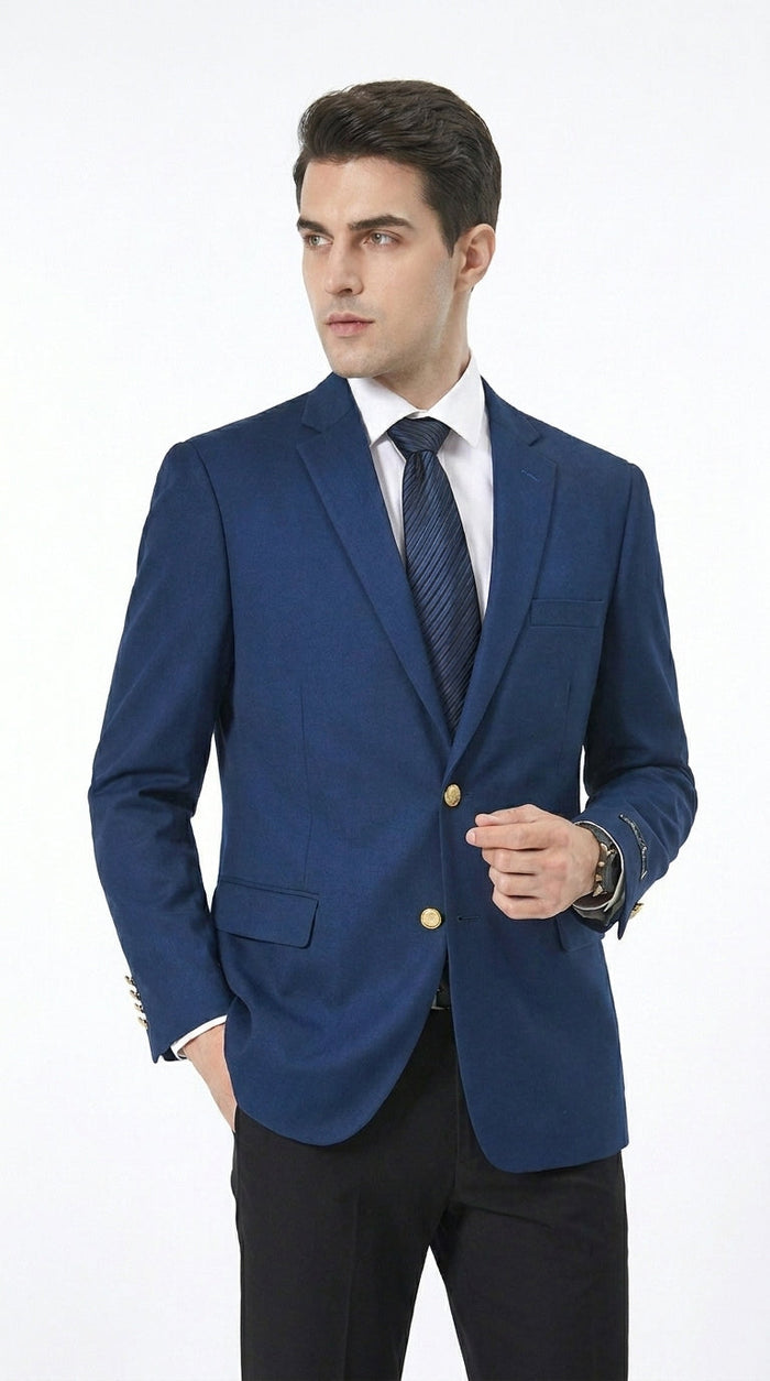 Men’s Sapphire Indigo Cobalt Blue Blazer with Gold Buttons – Classic Single Breasted Formal Business Jacket for Office, Wedding