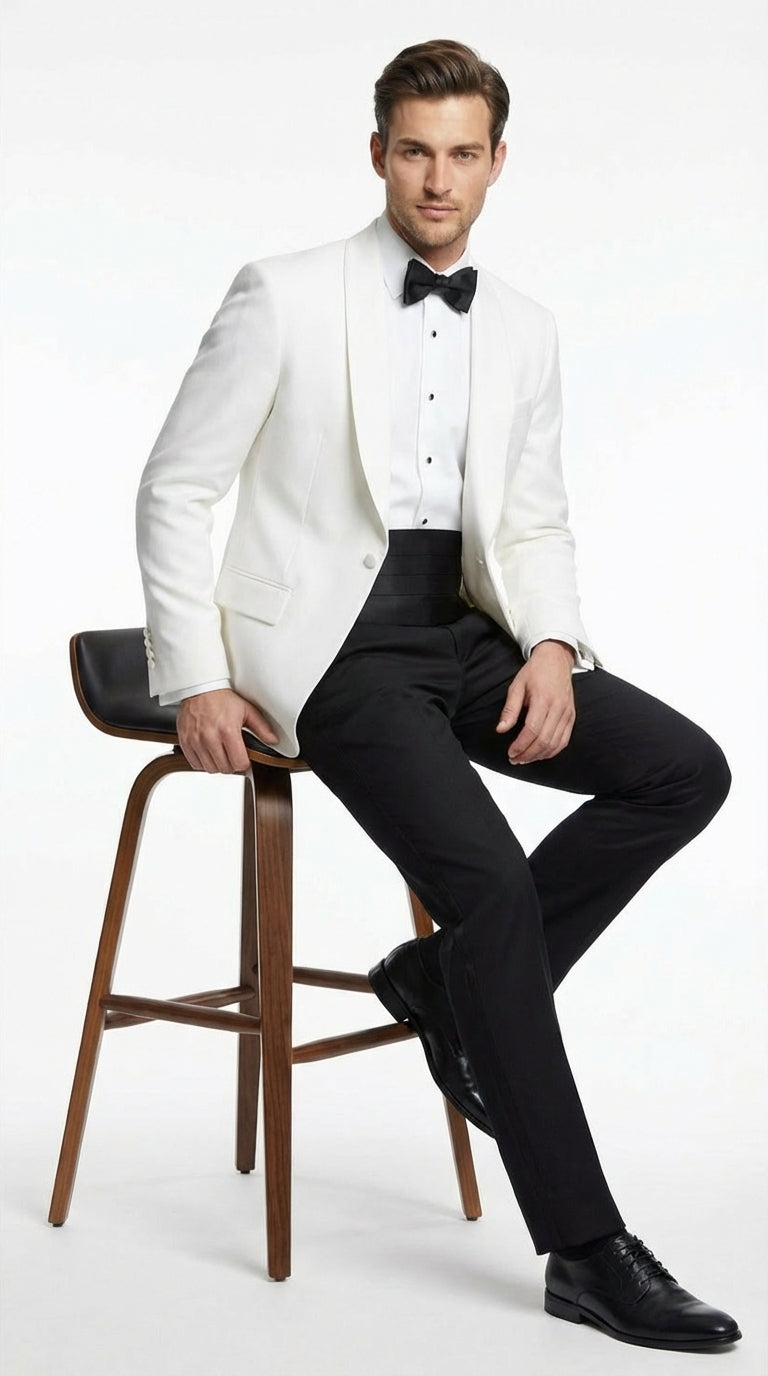 Men's White Dinner Jacket Tuxedo Blazer with Black Satin Shawl Lapel  With Black Tuxedo Pants - 34 Short or Extra Small