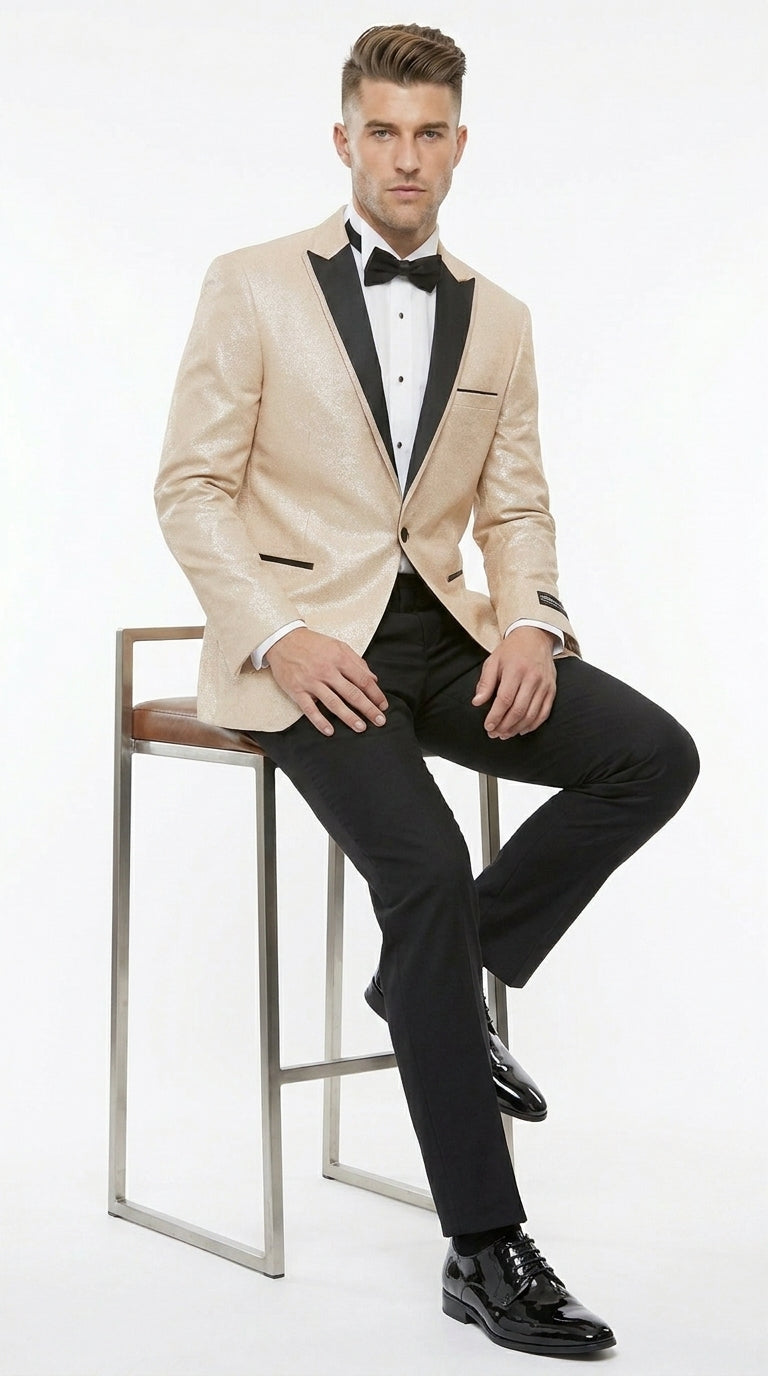 Men’s Gold Blazer with Black Lapel – Elegant Gold Formal Blazer Jacket for Wedding, Prom, Tuxedo in champagne Color - 36 Short