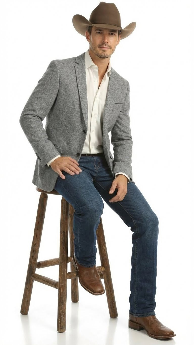 Men's Grey Tweed Herringbone Western Blazer Jacket  Style Look, Textured Formal Casual Sport Coat for Jeans - 34 Short or Extra Small