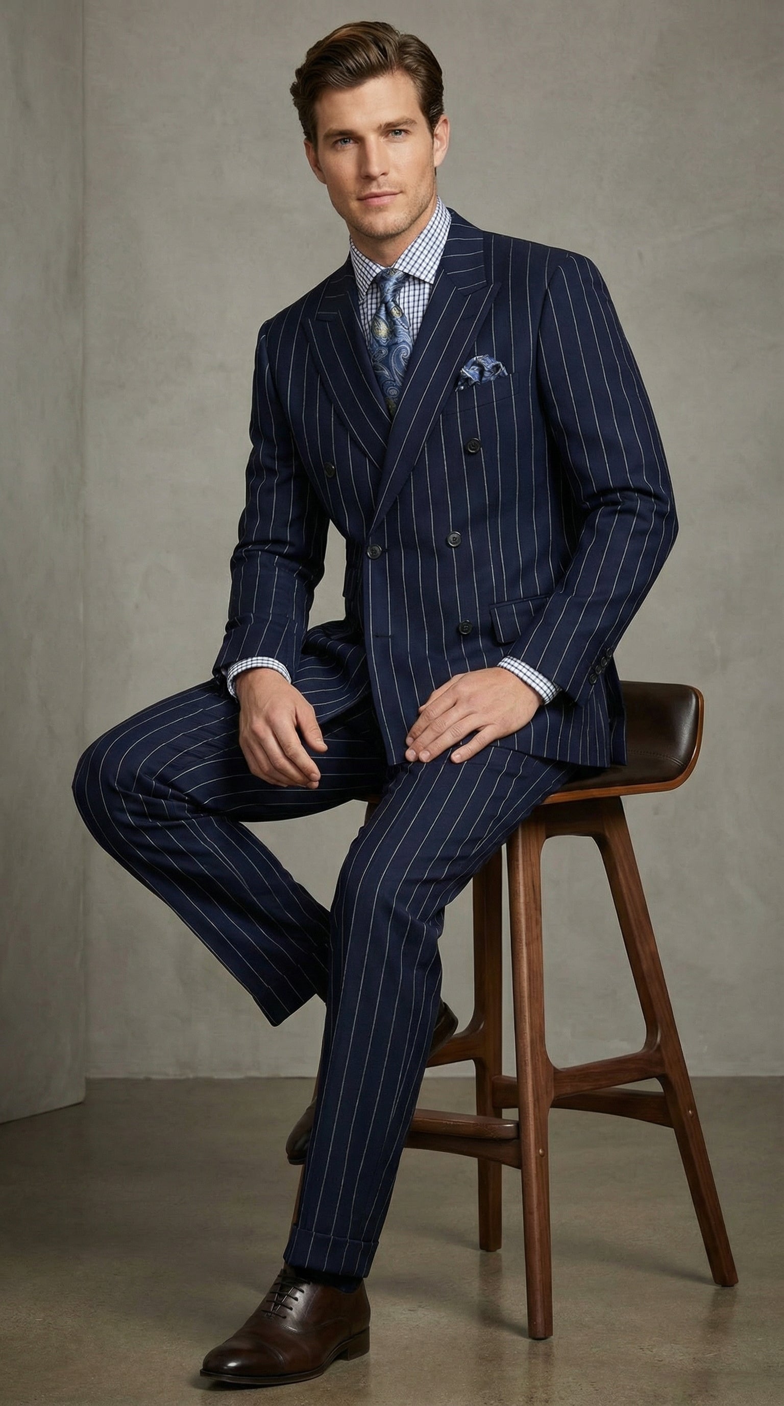 Men's Navy Blue Double Breasted Pinstripe Suit Modern Fit By rossiman