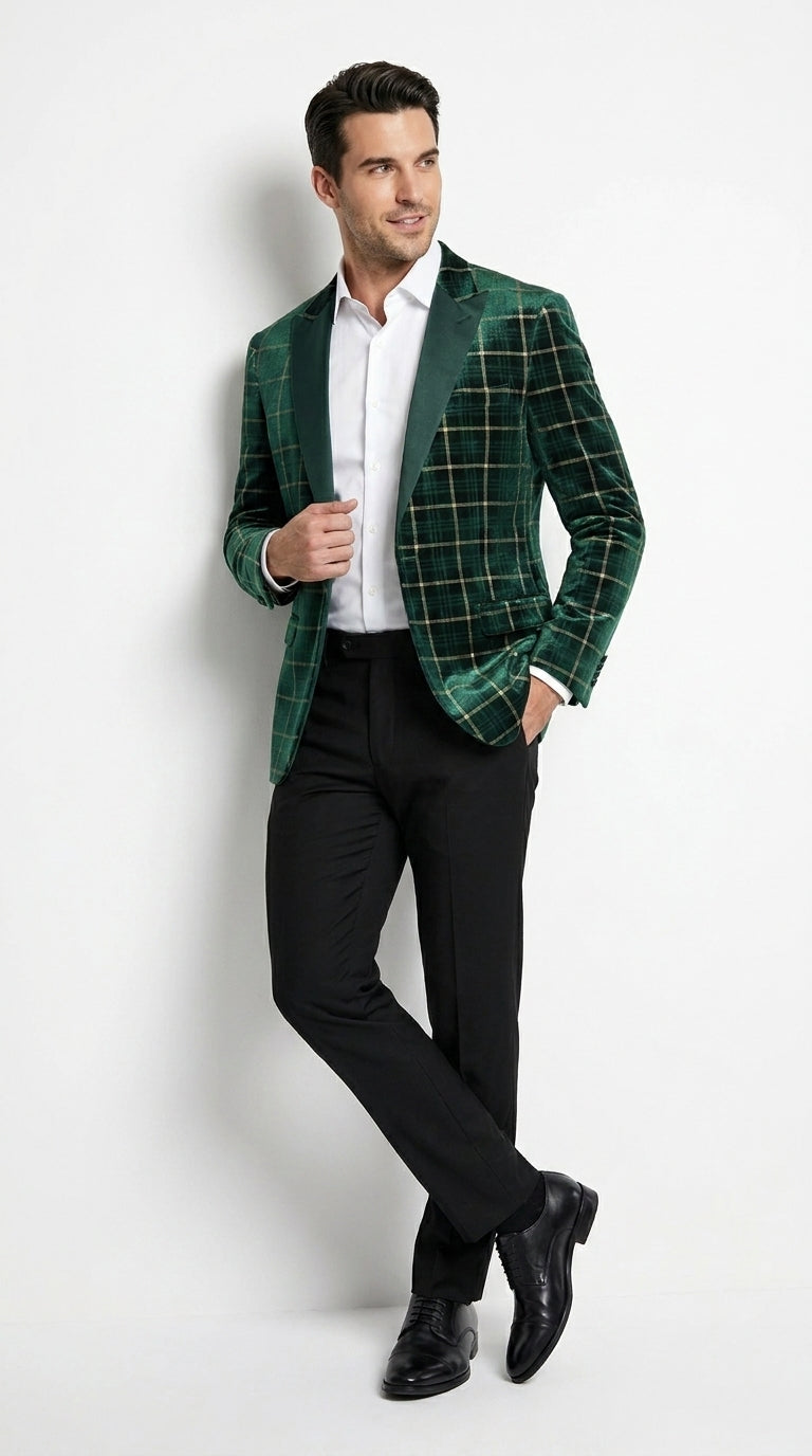 Men’s Green and Gold Plaid Christmas Holiday Blazer – Classic Check Party Jacket for New Year, Wedding and Festive New Year event - 36 Short
