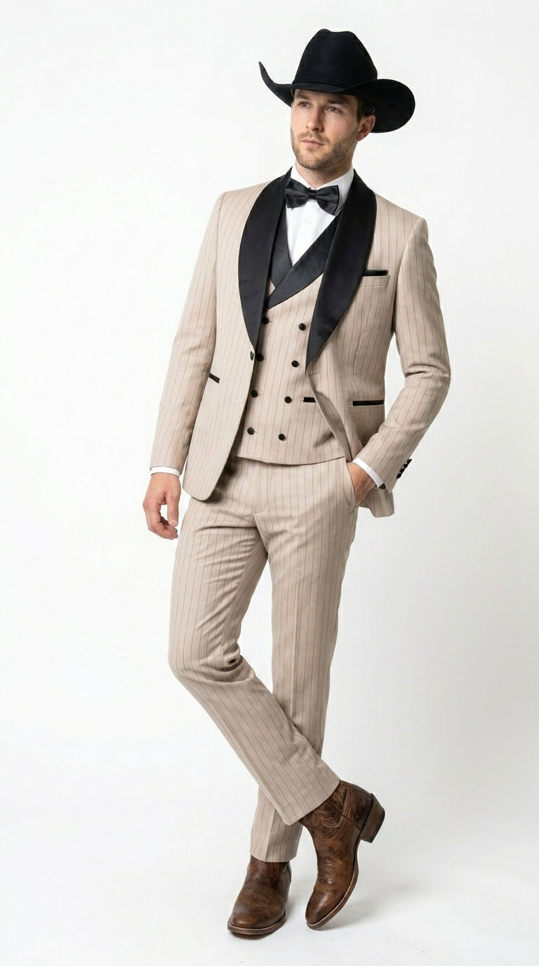 Men’s Beige Pinstripe Western 3 Piece Tuxedo Suit with Black Shawl Lapel, Formal Cowboy Wedding Prom Suit in Tan Khaki Color - 34 Short or Extra Small