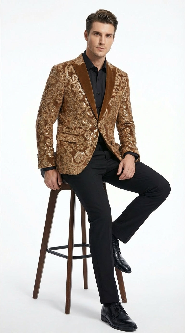 Men's Light Brown & Gold Baroque Embroidered Blazer Jacket | Tuxedo Dinner Jacket - 34 Short or Extra Small