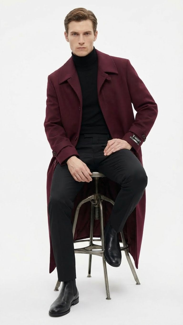 Mens Full-Length Burgundy Overcoat - Microfiber 4 season fabric  Long Formal Coat with Classic Tailored Maxi Duster Coat - Coat Size 38