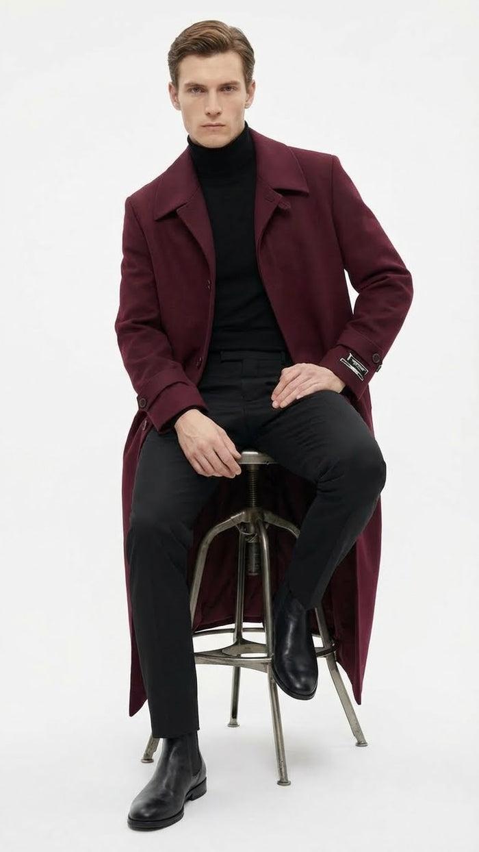 Mens Full-Length Burgundy Overcoat - Microfiber 4 season fabric  Long Formal Coat with Classic Tailored Maxi Duster Coat