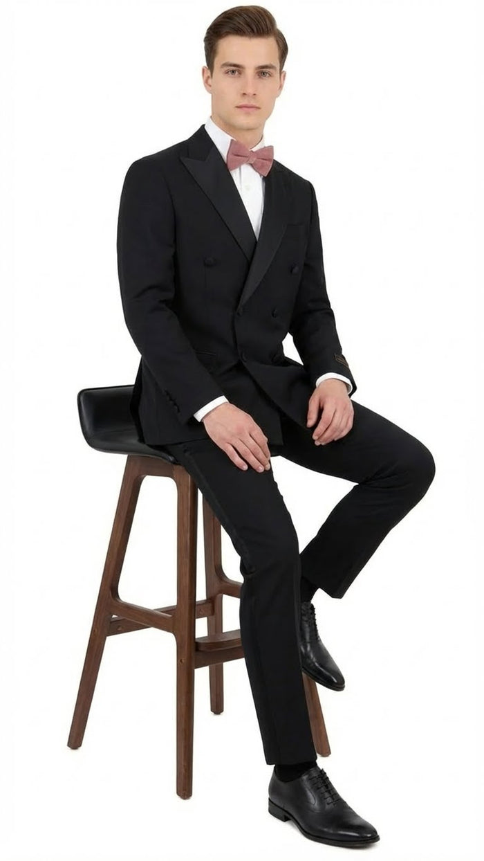 Tiglio Brand 100% Wool Super 150s Italian fabric Mens Classic Black Double-Breasted Tuxedo with Satin Peak Lapel Formal Wedding & Gala Suit Set