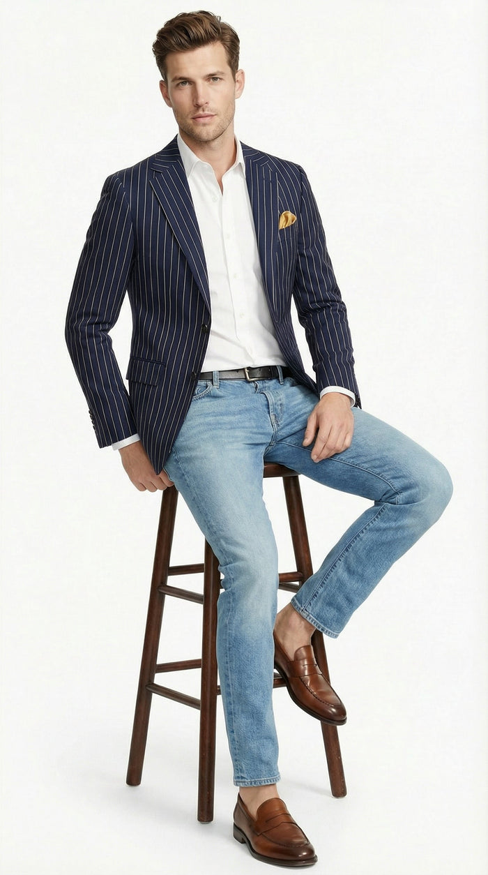 Mens Navy Blue Pinstripe Blazer Classic Tailored Formal Jacket for Business, Office and Smart Casual Wear