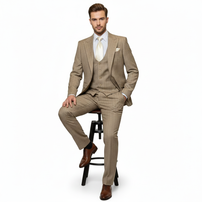 Mens Beige Pinstripe Three-Piece Suit Classic Fit Formal Suit with Vest and Flat-Front Pants in Tan Stripe By Rossiman