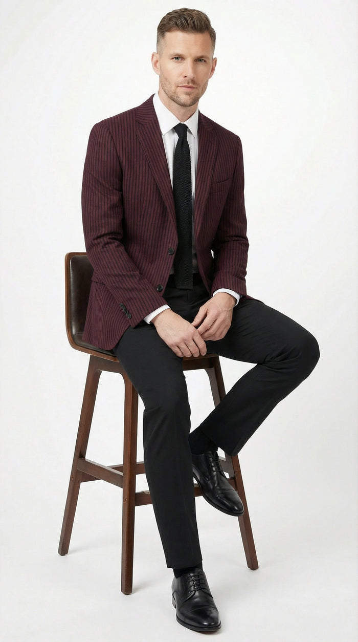Mens Burgundy Pinstripe Blazer Classic Tailored Formal Jacket for Business, Office and Evening Wear