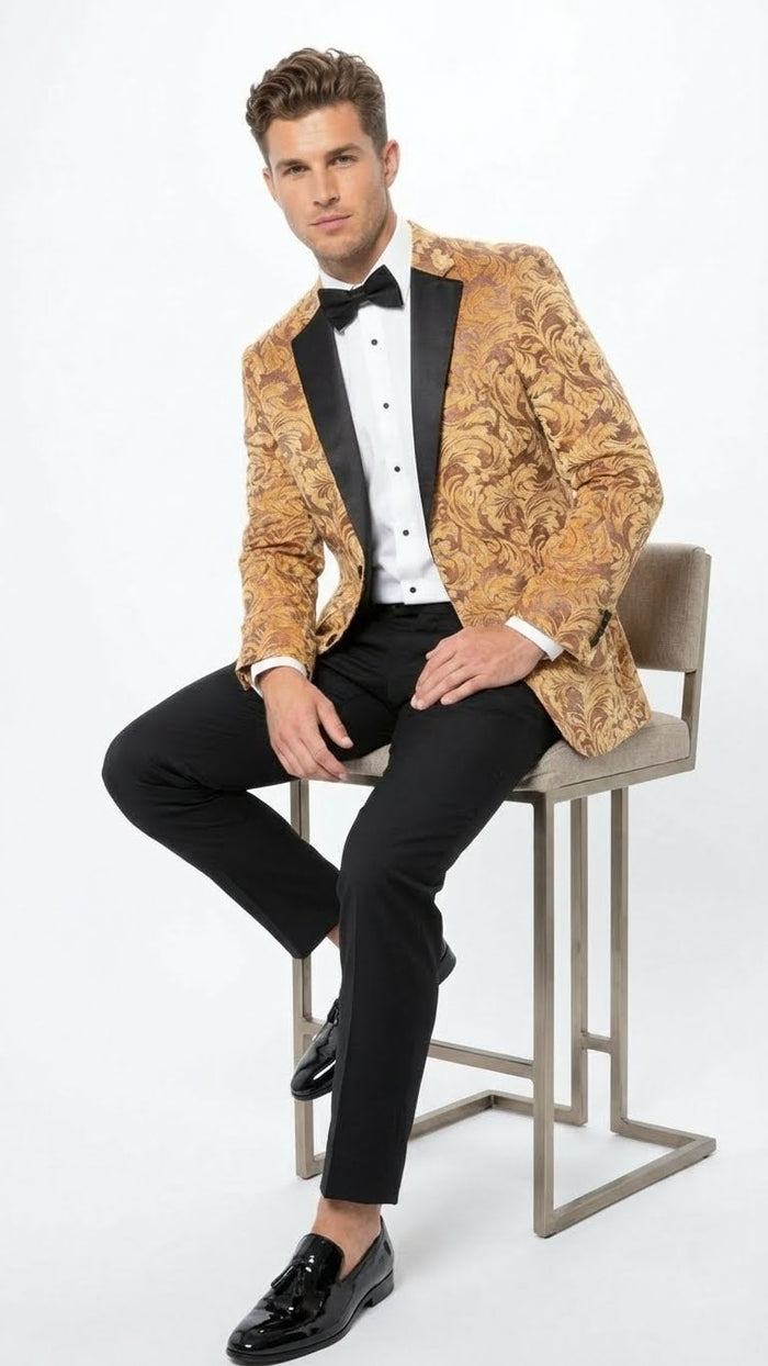 Mens Yellow Gold Baroque Pattern Tuxedo Blazer Suit Party and Wedding Jacket Prom Paisley Black Pants