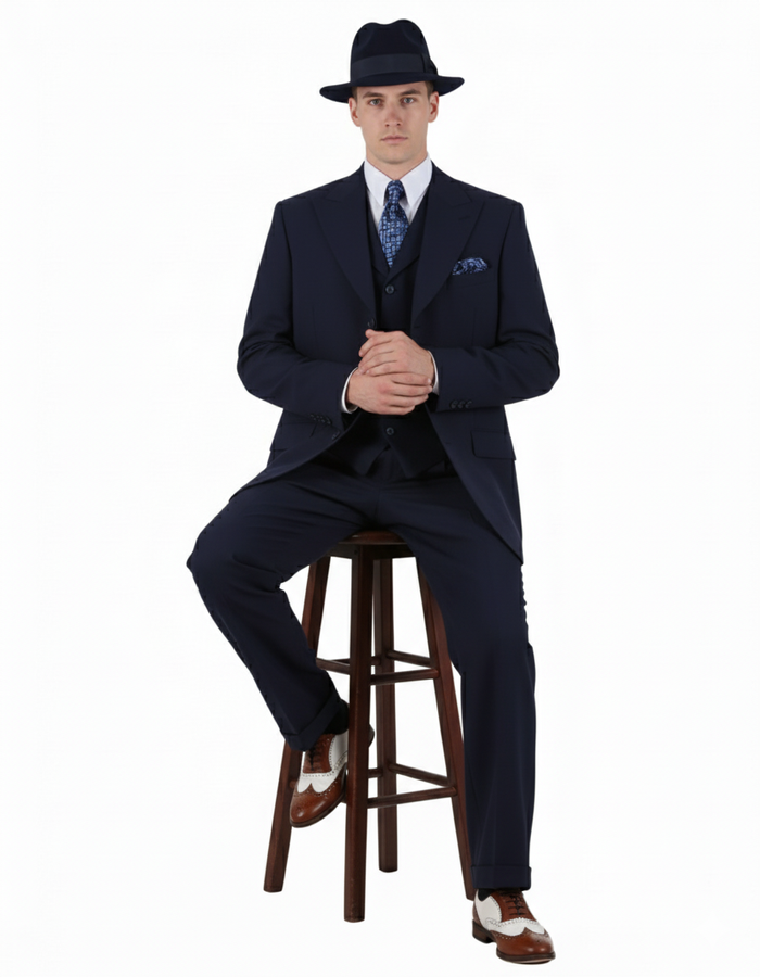 Mens 1920s Navy Blue Zoot Suit Classic Gangster 3-Piece Long  - Pleated Pants