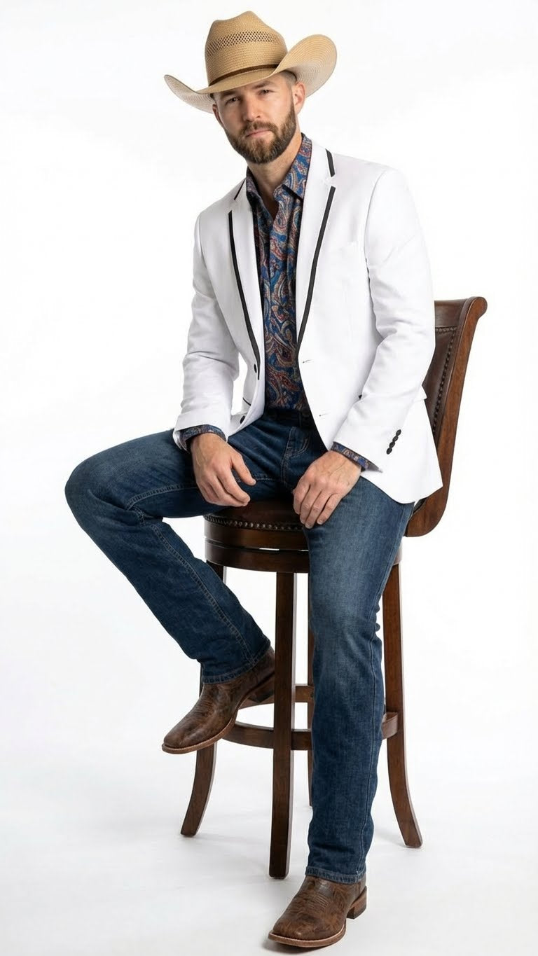 Mens White Western Blazer with Black Trim Classic Cowboy Style