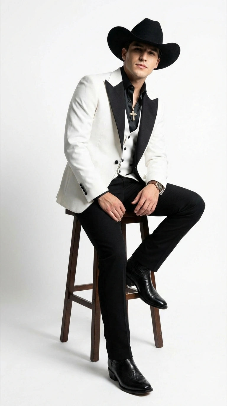 Men’s White Cowboy Tuxedo with Black Satin Lapel – Western Formal Suit with Matching Vest - 34 Short or Extra Small