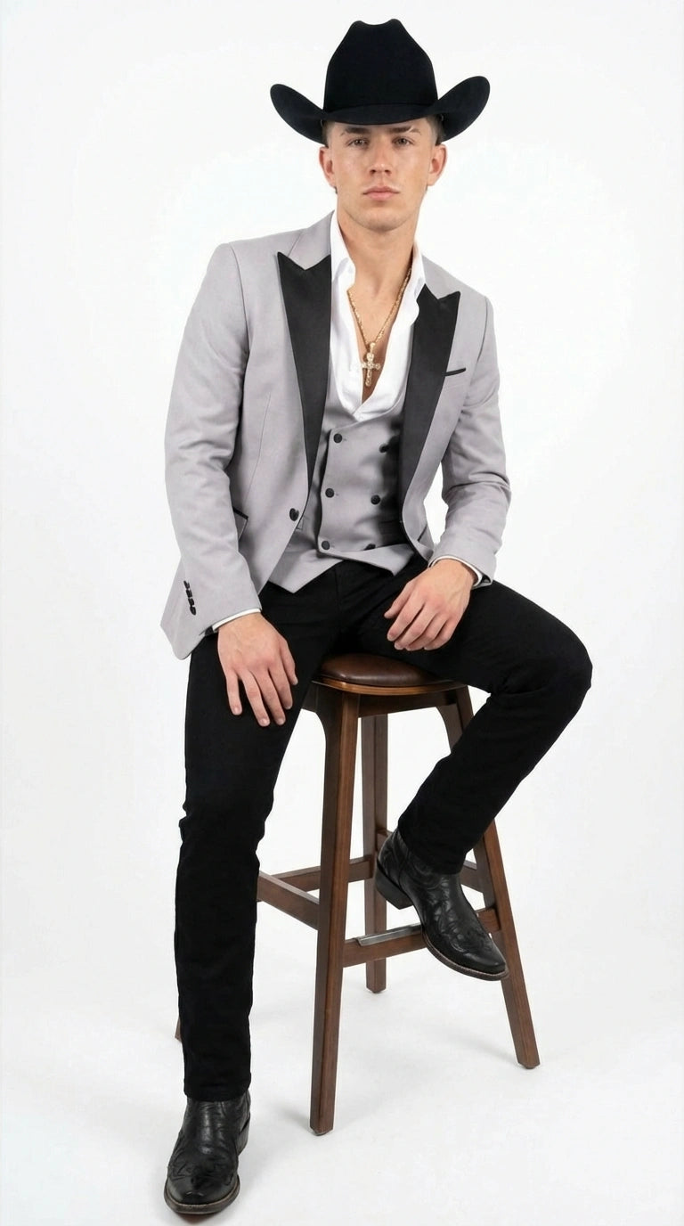 Men’s Light Gray Cowboy Tuxedo with Black Satin Lapel – Western Formal Suit with Double Breasted Vest - 34 Short or Extra Small