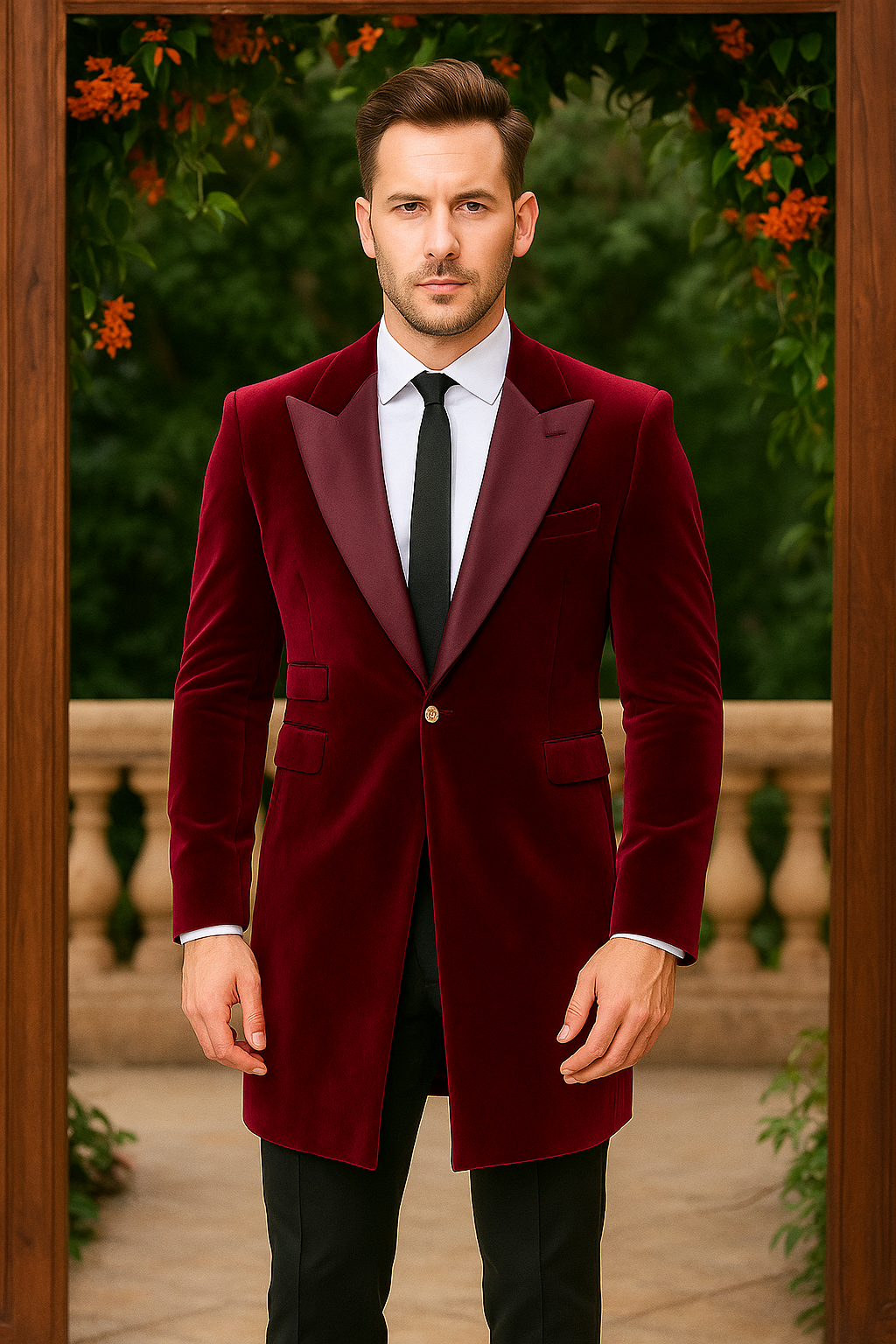 Men’s Burgundy Tuxedo in  Velvet  Long Blazer – Victorian Cutaway Tuxedo Suit 1920s Gangster Style Long Jacket with Black Pants - S