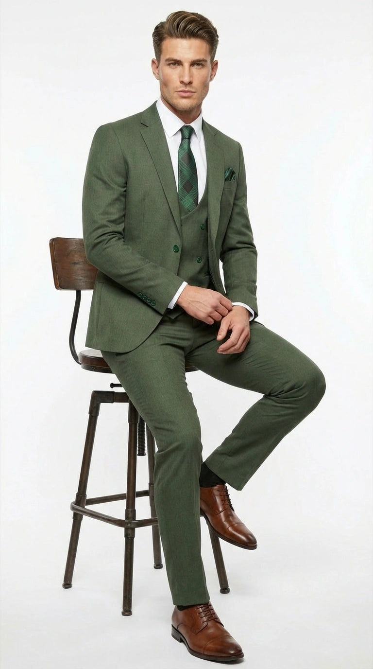 Men’s Forest Green Three Piece Suit – Double Breasted Vest Formal Wedding and Business Suit Set Olive Green Slim Fit - 34 Short or Extra Small