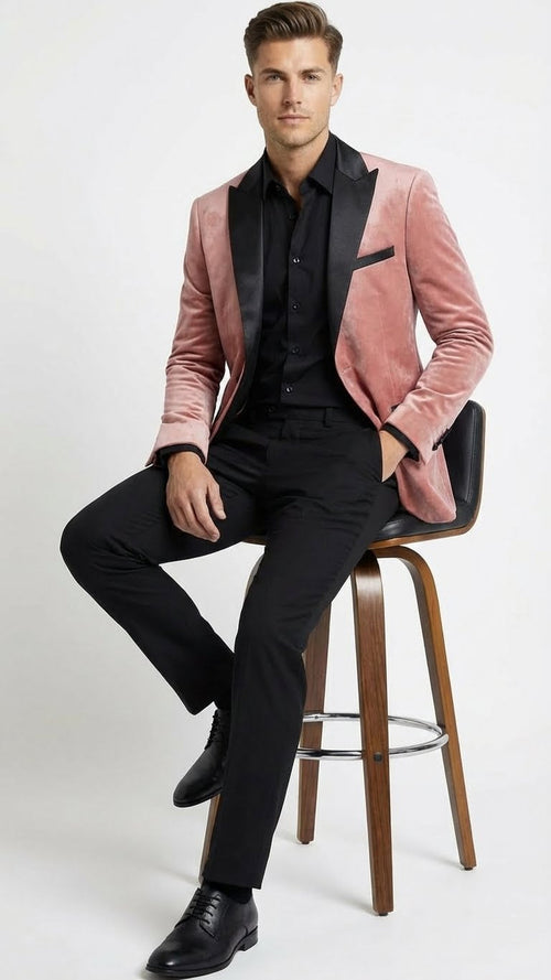 Mens Dusty Rose Pink Velvet Blazer with Black Satin Lapel | Formal Sport Coat in Mauve Color + Bowtie