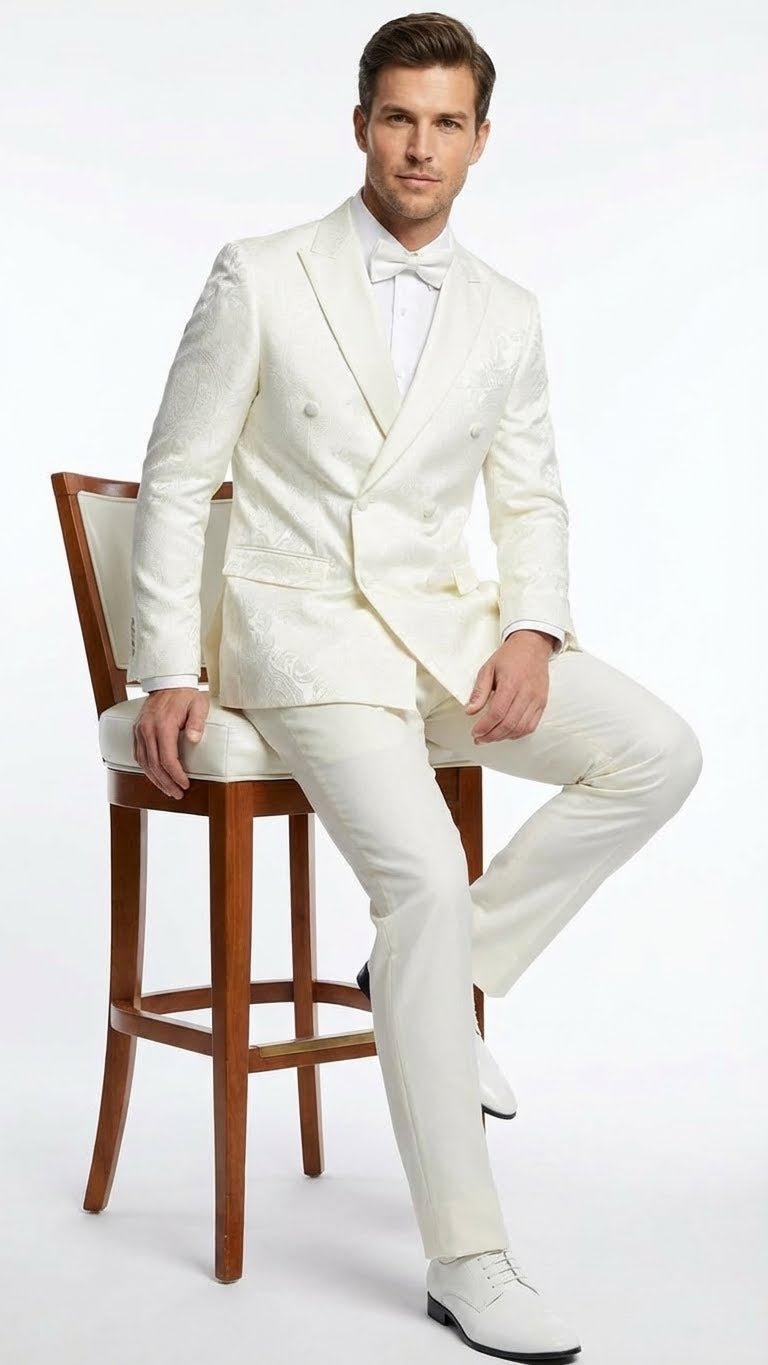 Men’s Ivory Double Breasted Tuxedo Dinner Jacket – Textured Blazer Paisley Texture Pattern in Off White Cream Color + Bowtie - 36 Short