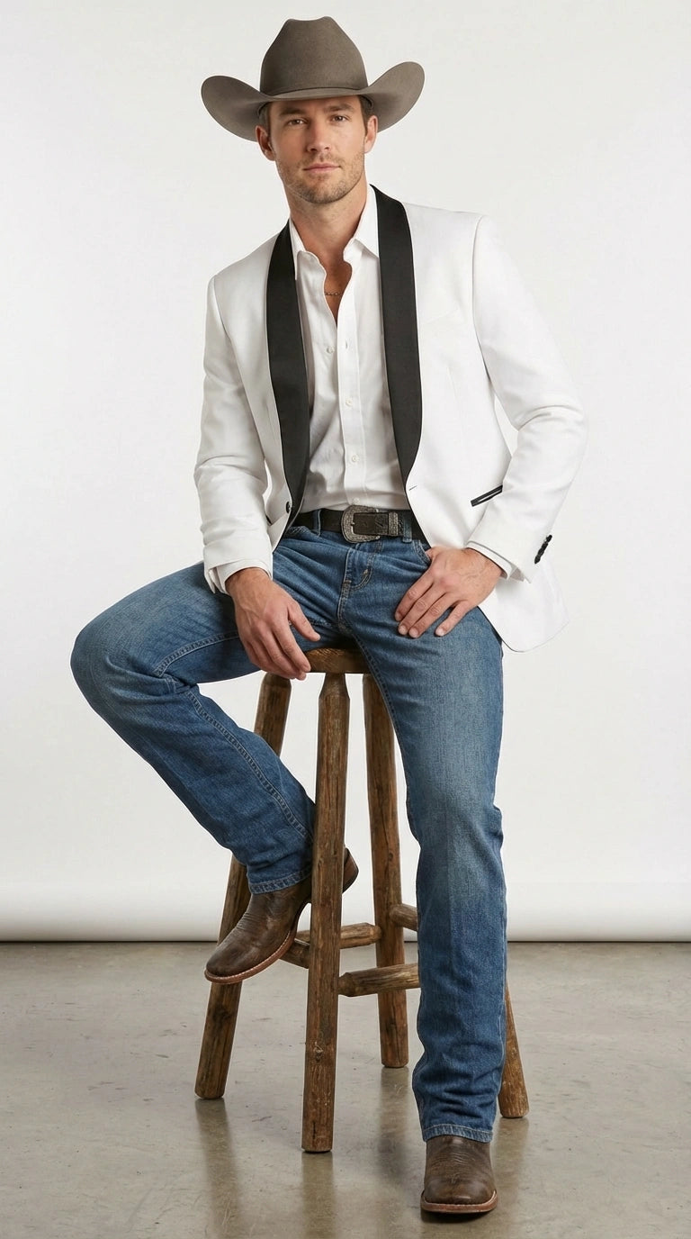 Men’s White Cowboy Blazer with Black Satin Lapel – Western Formal Tuxedo Style Jacket - 36 Short