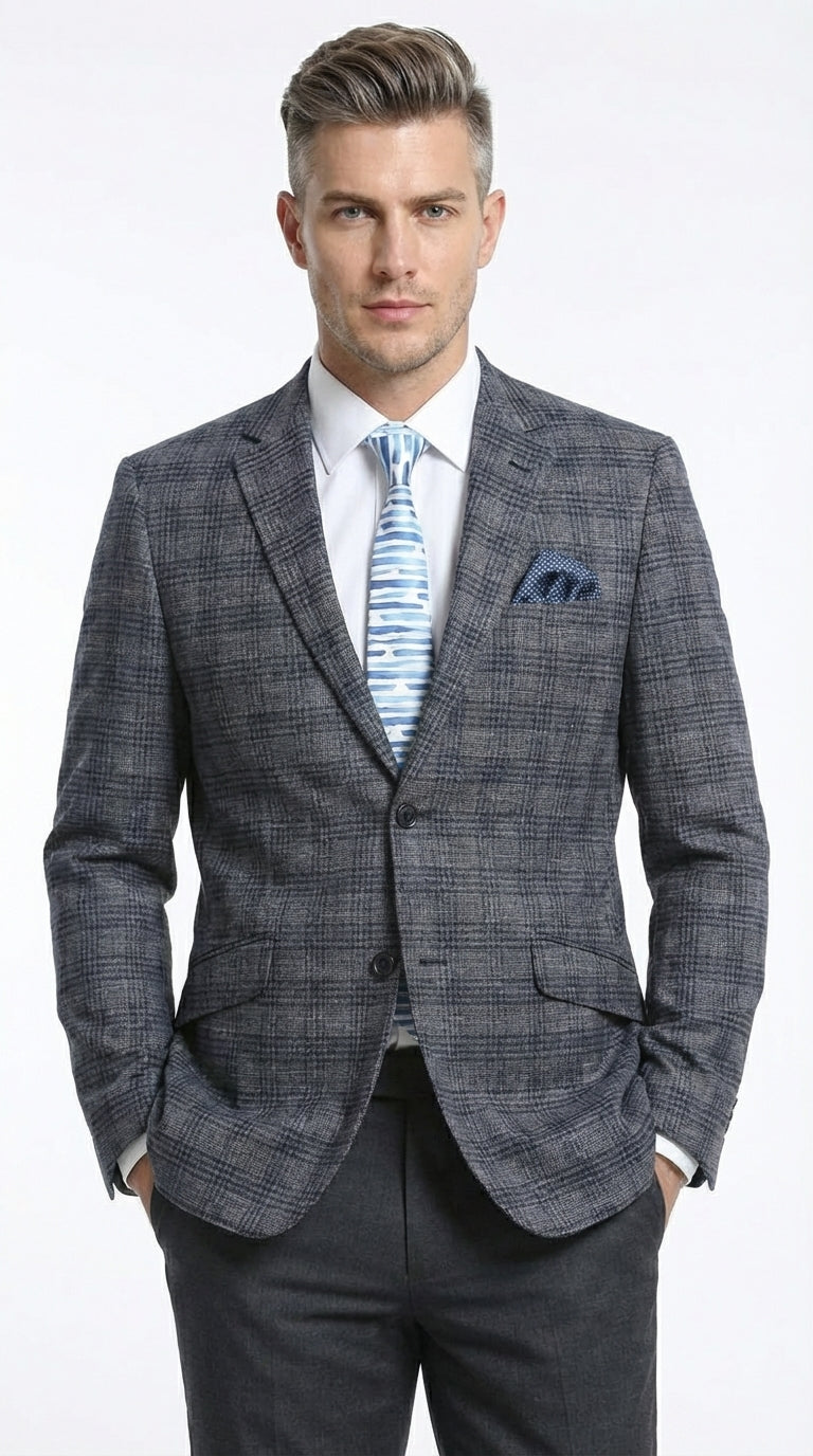 Mens Charcoal Gray with Blue Plaid Pattern Blazer Jacket – Classic Check Pattern Sport Coat for Business, Office, and Smart Casual Wear - 36 Short