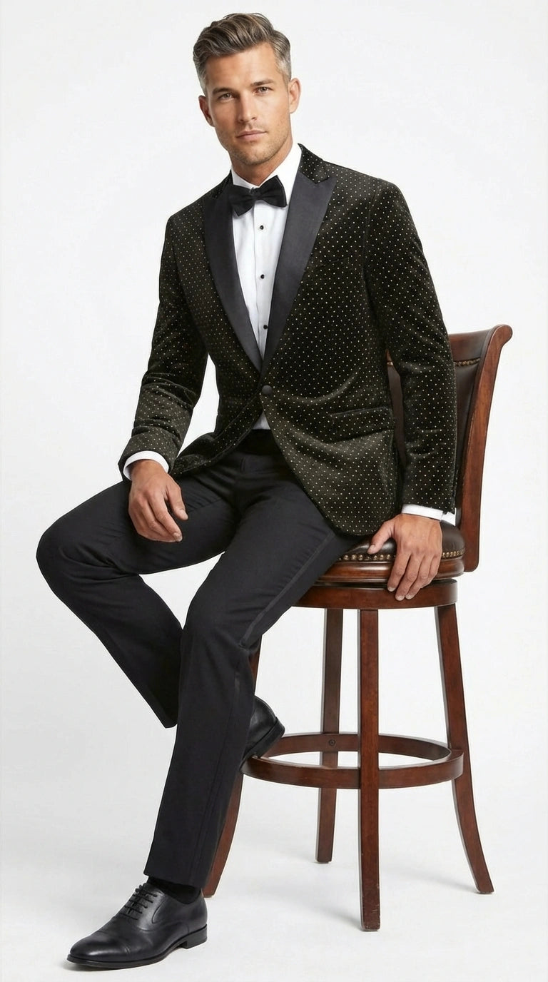 Men’s Black Velvet Dinner Jacket Blazer with Satin Lapel – Formal Evening Tuxedo Style Jacket Polk Dots Pattern + Free bowtie - 36 Short