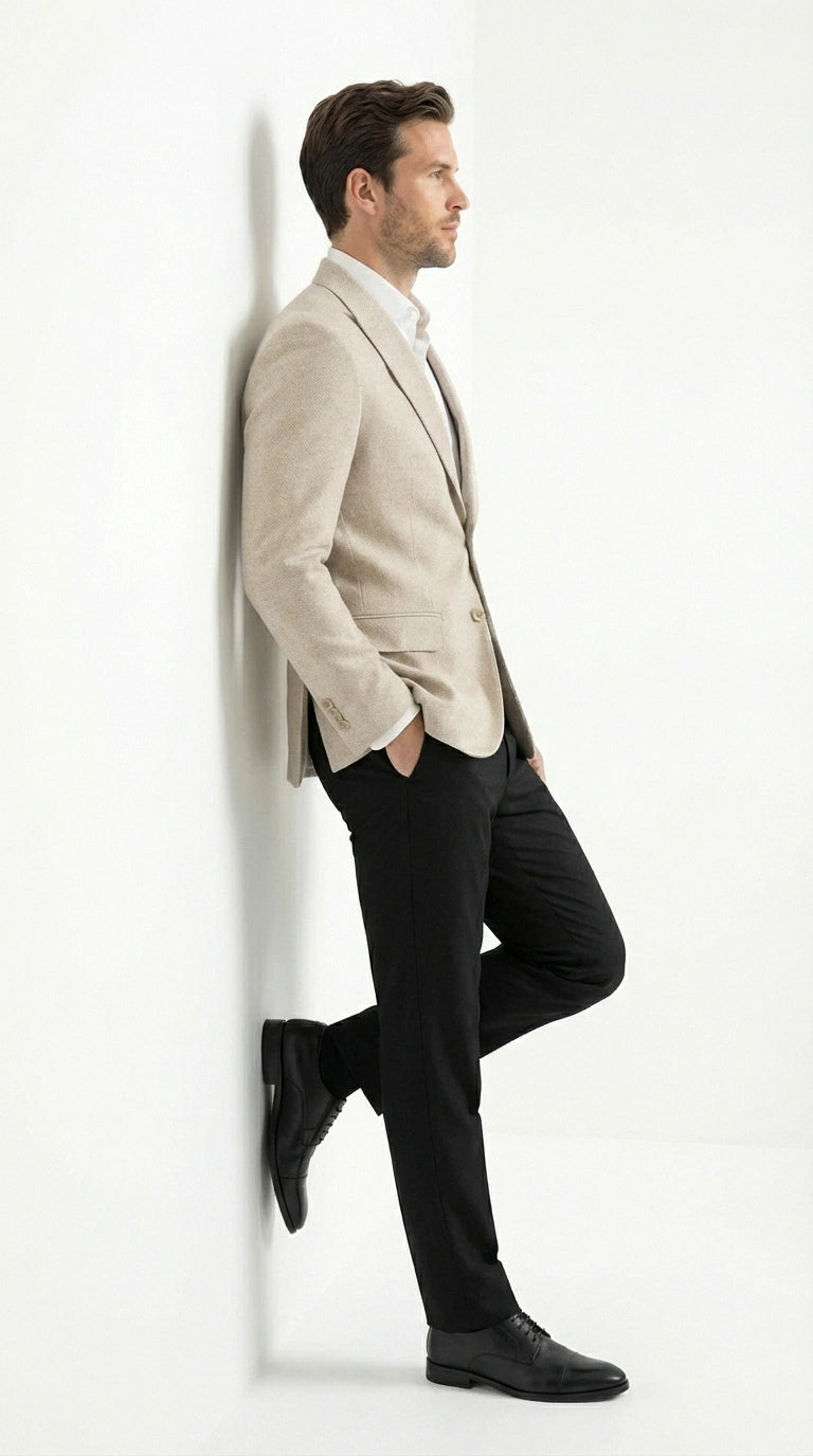 Zacchi Men’s Beige Hopsack Blazer – Classic Two Button Sport Coat with Peak Lapel Formal Jacket - 36 Short