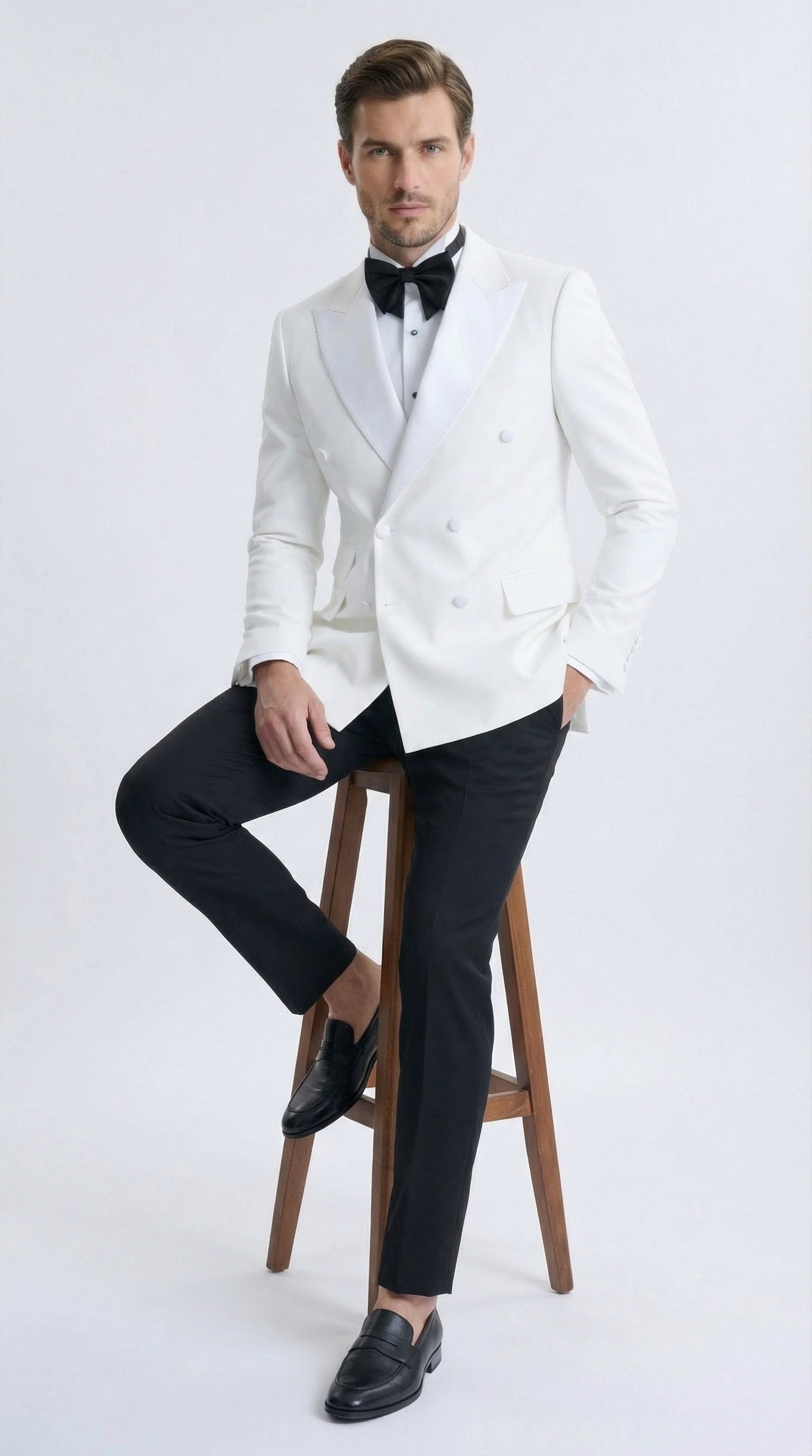 Mens White Double Breasted Dinner Jacket Blazer with Black Pants Formal Tuxedo Style Outfit for Weddings