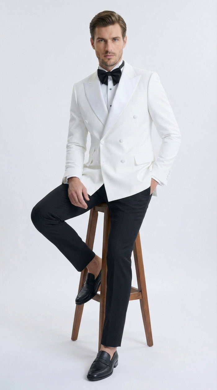 Mens White Double Breasted Dinner Jacket Blazer with Black Pants Formal Tuxedo Style Outfit for Weddings