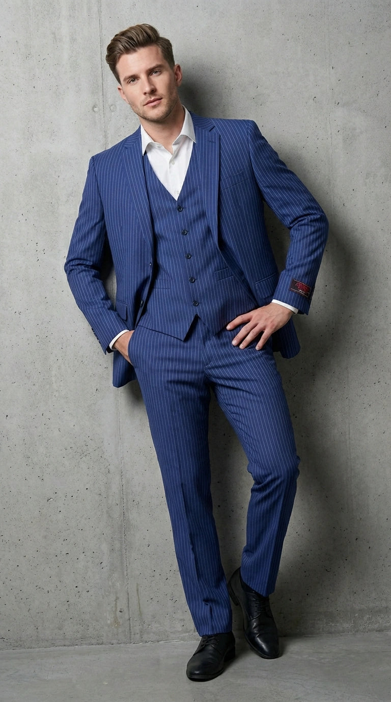 Men’s Royal Blue Pinstripe Three Piece Suit – Classic Formal 3PC Business and Wedding Suit Indigo Teal Saphire Pinstripe - 34 Short or Extra Small