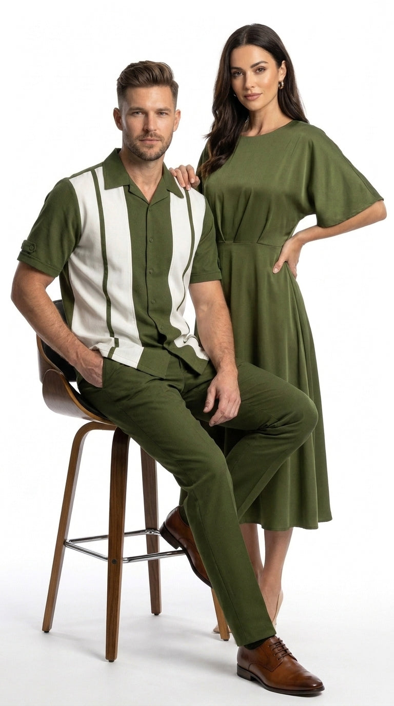 Men’s Olive Green and White Walking Suit – 2-Piece Short Sleeve Casual Leisure Outfit - Small