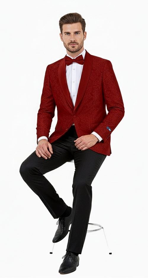 Big and Tall Mens Burgundy Paisley Tuxedo Jacket Satin Shawl Lapel Blazer with Bow Tie for Weddings, Proms, and Special Events