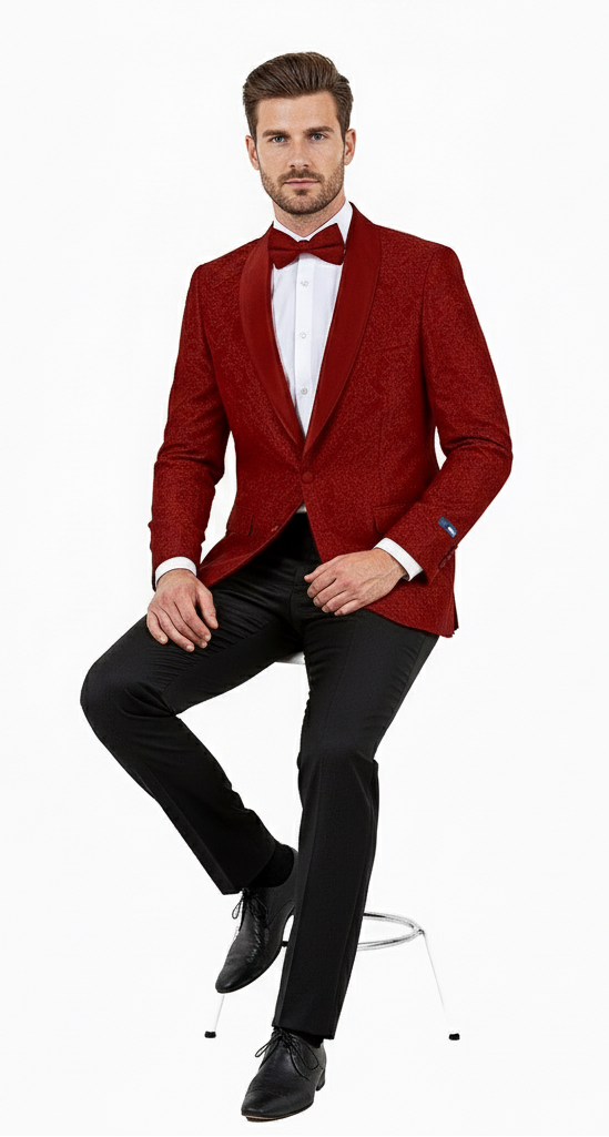 Big and Tall Mens Burgundy Paisley Tuxedo Jacket Satin Shawl Lapel Blazer with Bow Tie for Weddings, Proms, and Special Events