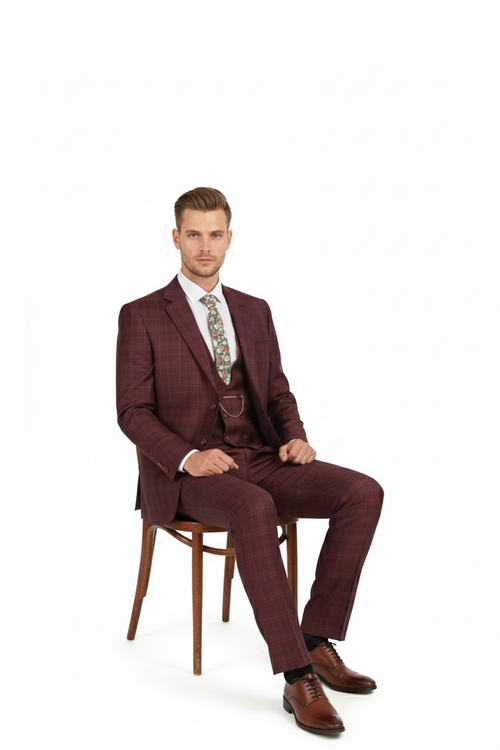 Mens Burgundy Checkered 3-Piece Suit Windowpane Classic Fit Plaid Blazer with Vest and Pants