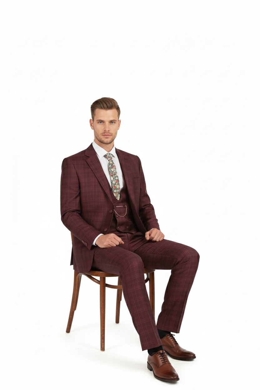 Men’s Burgundy Checkered 3-Piece Suit – Windowpane Classic Fit Plaid Blazer with Vest and Pants - 34 Short or Extra Small