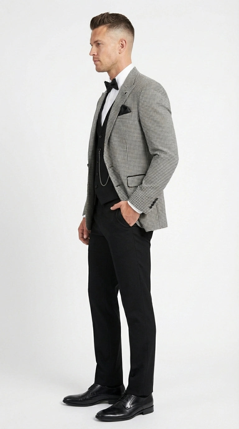 Men’s Black and White Houndstooth Gatsby Inspired Suit – Vintage Style Formal Suit for Wedding, Prom and Classic Events Blazer + Black vest + Black Pants - 34 Short or Extra Small