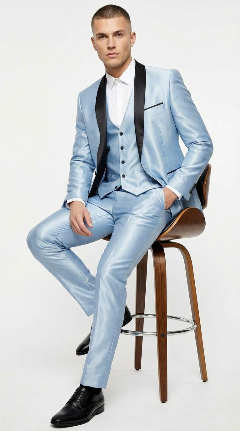 Men’s Light Blue Shiny 3 Piece Suit with Black Shawl Lapel | Formal Wedding Prom Suit - Sateen Sharskin Suit - 34 Short or Extra Small