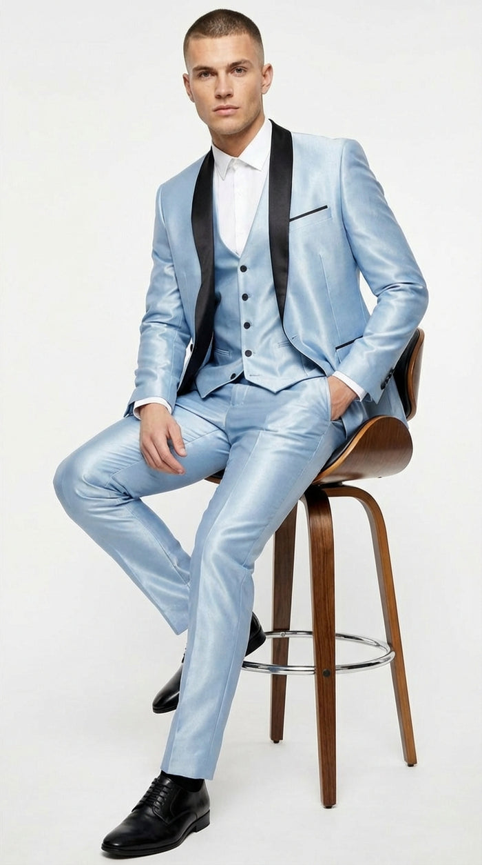 Mens Light Blue Shiny 3 Piece Suit with Black Shawl Lapel | Formal Wedding Prom Suit - Sateen Sharskin Suit