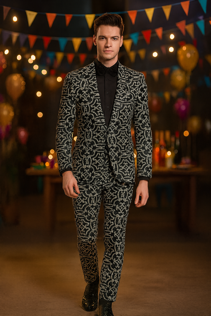 Mens Black and Silver Sequin Tuxedo Slim Fit 2-Piece Party and Wedding Suit with Sparkling Design- Black and White Color