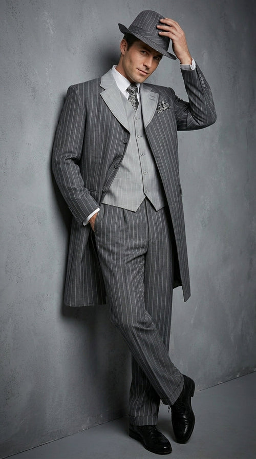 Men’s Grey Pinstripe Zoot Suit 3 Piece – 1920s Gangster Vintage Wide Lapel Suit with Vest for Wedding, Party