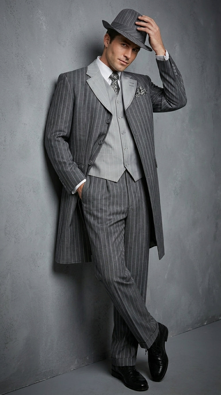 Men’s Grey Pinstripe Zoot Suit 3 Piece – 1920s Gangster Vintage Wide Lapel Suit with Vest for Wedding, Party - 34 Short or Extra Small
