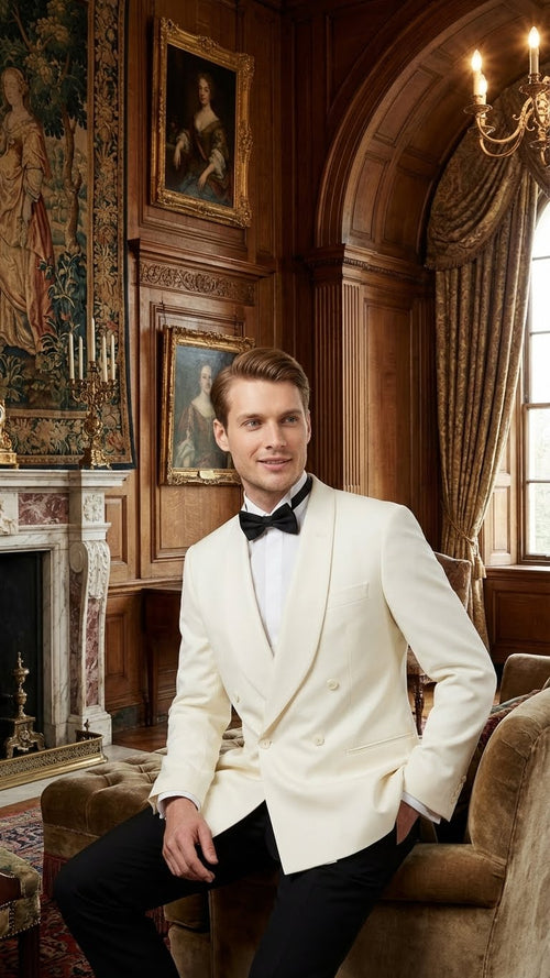 Mens Ivory Double-Breasted Shawl Lapel Tuxedo Jacket | Premium Formal Dinner Jacket for Weddings and Black-Tie Events