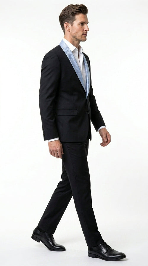 Men’s Black Suit with Light Blue Lapel – Modern Formal Tuxedo Style Suit for Wedding, Prom, Party and Sky Powder Blue Color