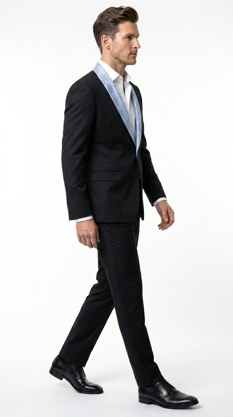 Men’s Black Suit with Light Blue Lapel – Modern Formal Tuxedo Style Suit for Wedding, Prom, Party and Sky Powder Blue Color - 34 Short or Extra Small