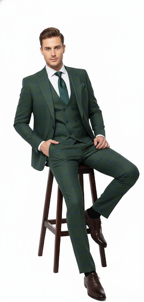 Mens Green Plaid 3-Piece Suit Classic Check Slim Fit Suit for Weddings, Church, and Formal By Rossiman