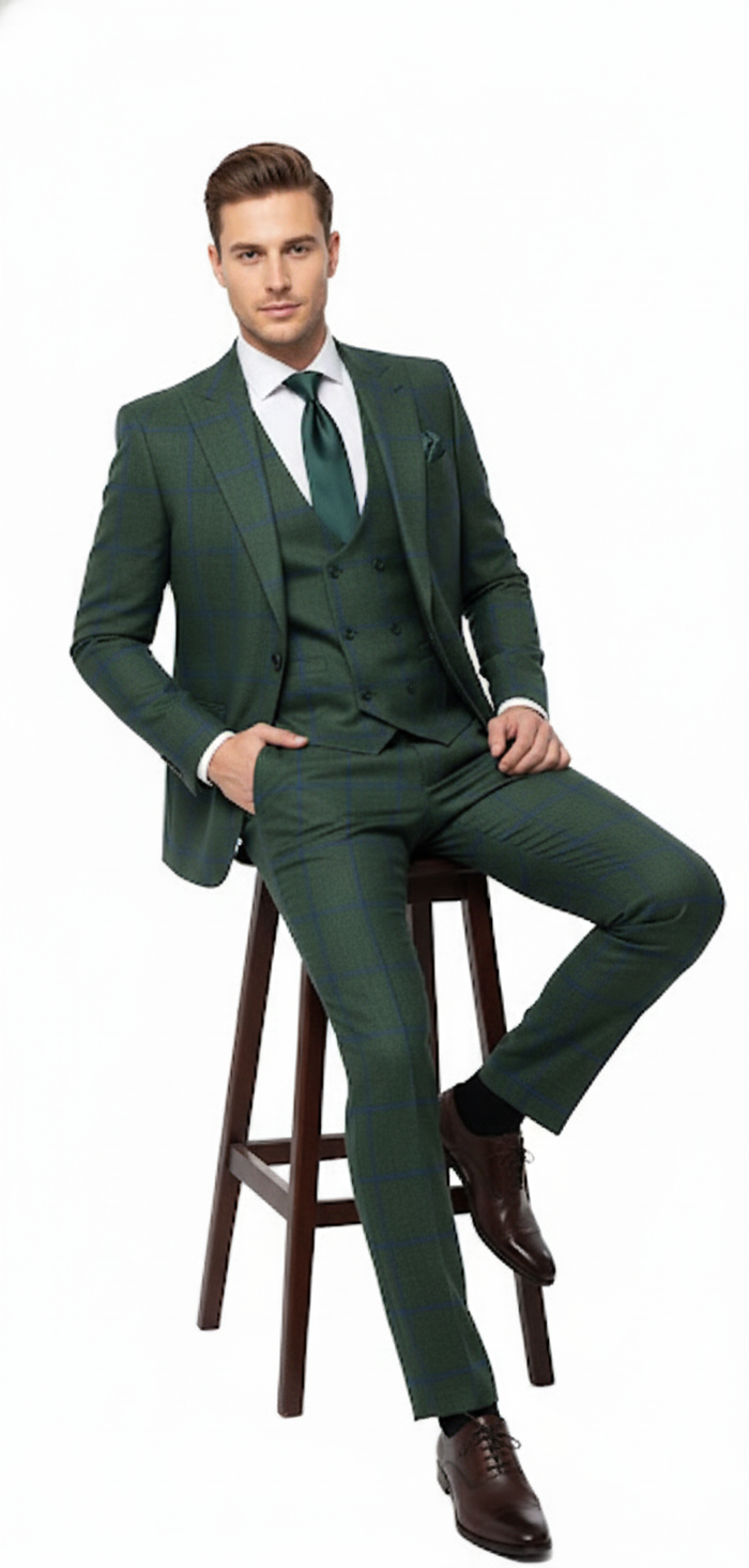 Mens Green Plaid 3-Piece Suit Classic Check Slim Fit Suit for Weddings, Church, and Formal By Rossiman