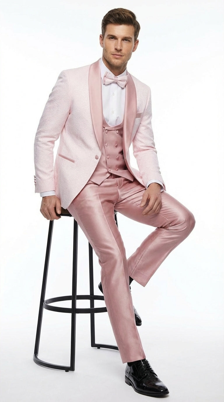 Men's Light Pink 3 Piece Tuxedo Suit Set | Shawl Lapel Formal Wedding Prom Dinner Suit in Rose Gold Color - 34 Short or Extra Small