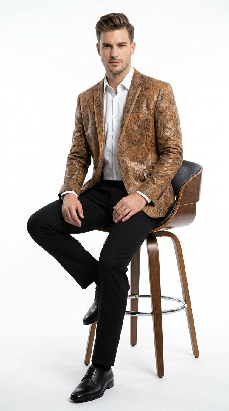 Men’s Brown Snakeskin Pattern Blazer – Stylish Exotic Print Formal Blazer Jacket for Party, Exotic Crocodile Alligator Print - 36 Short